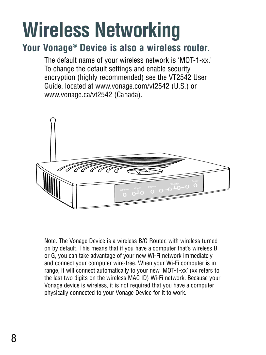 Vonage VT2542 manual Wireless Networking 