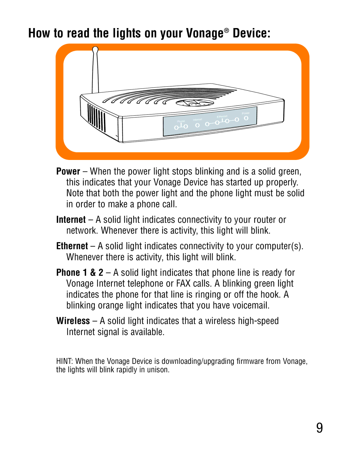 Vonage VT2542 manual How to read the lights on your Vonage Device 