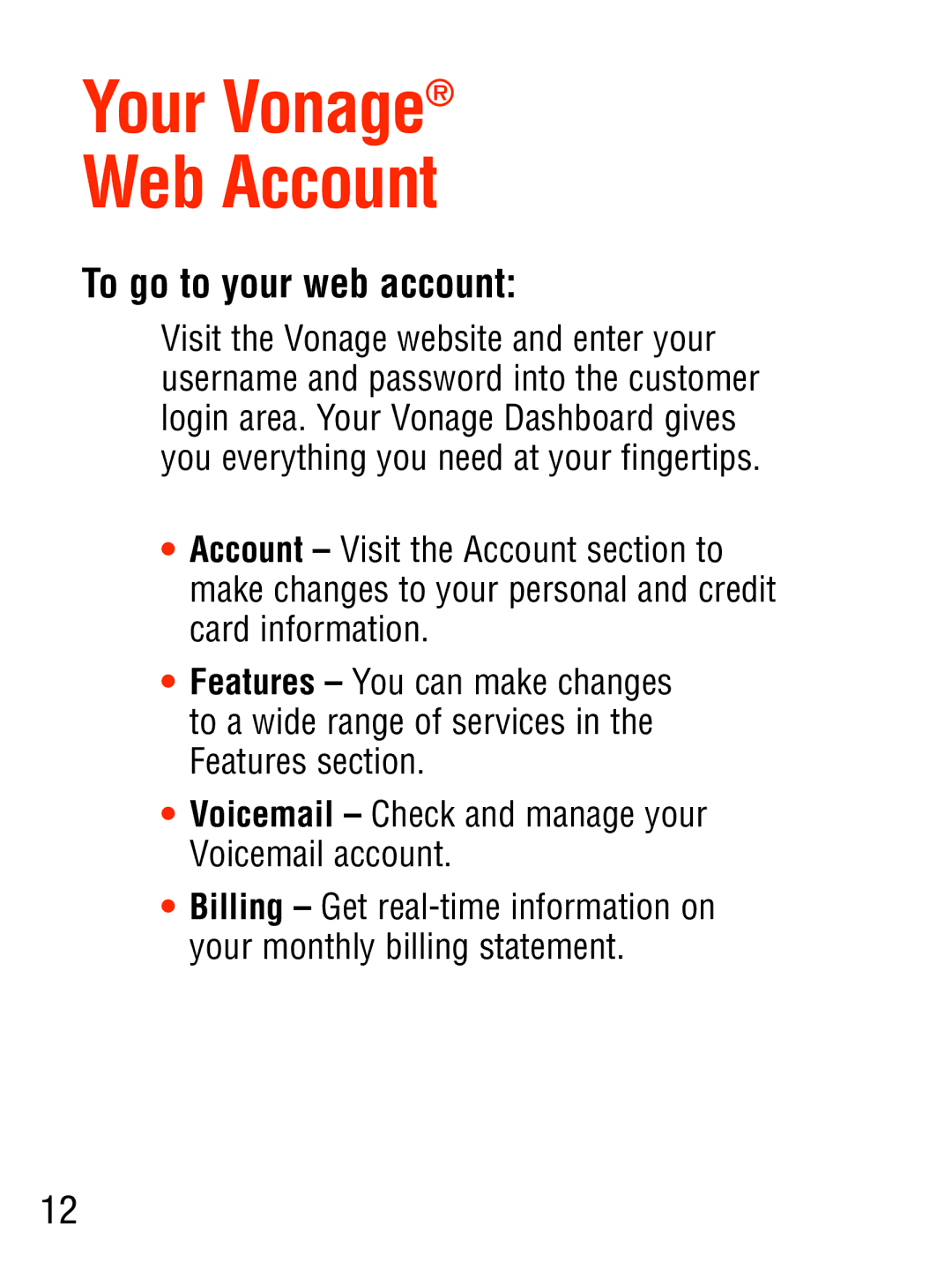 Vonage VT2542 manual Your Vonage Web Account 