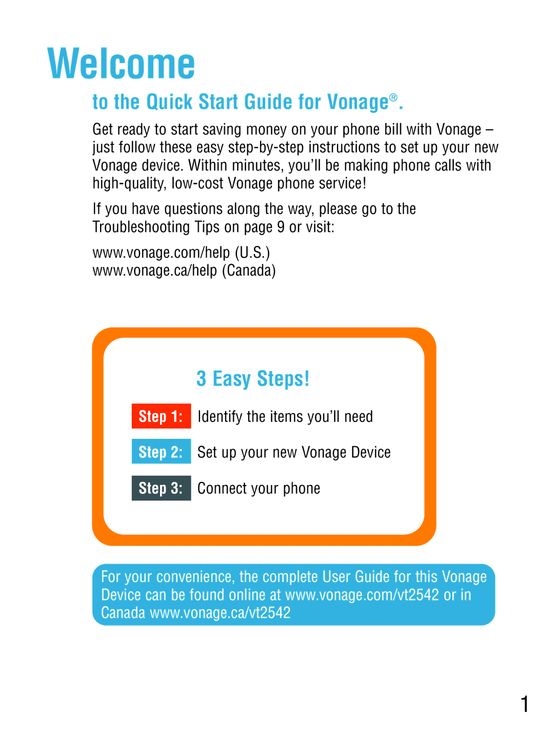 Vonage VT2542 manual Welcome 