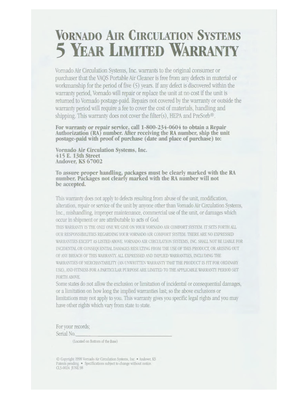 Vornado 15 manual 