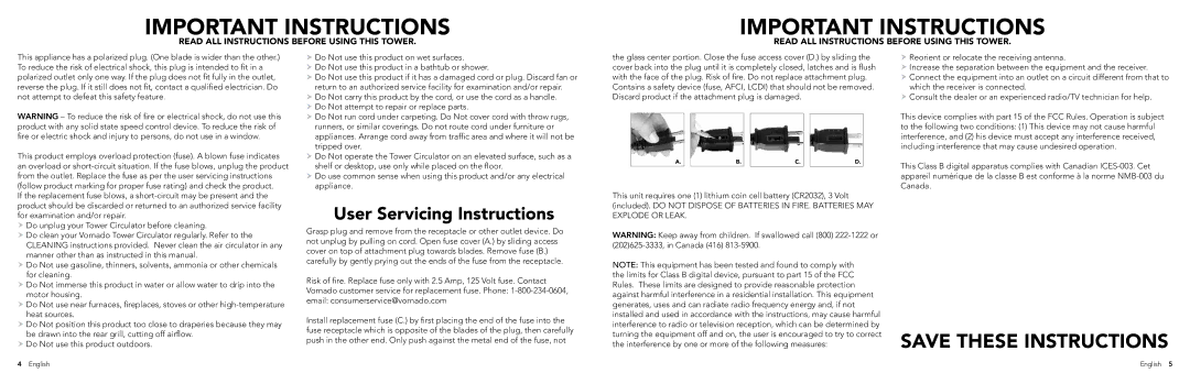 Vornado 154, 184 manual Important Instructions 