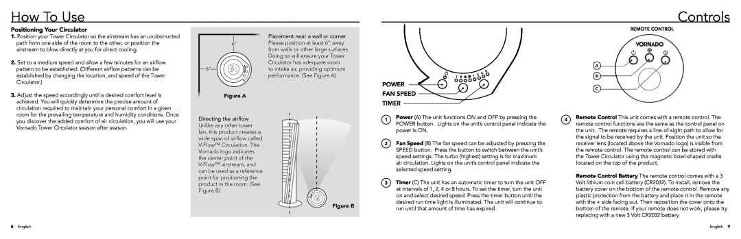 Vornado 154, 184 manual How To Use, Controls, Positioning Your Circulator, Figure A, Figure B 