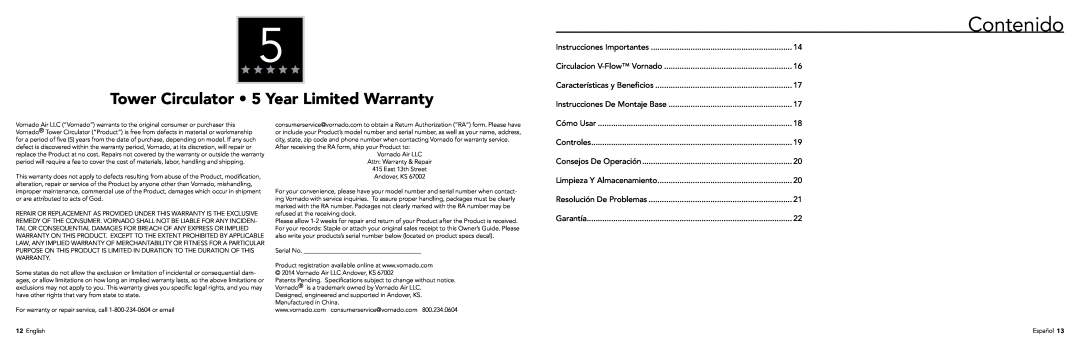 Vornado 154, 184 manual Contenido, Tower Circulator • 5 Year Limited Warranty 