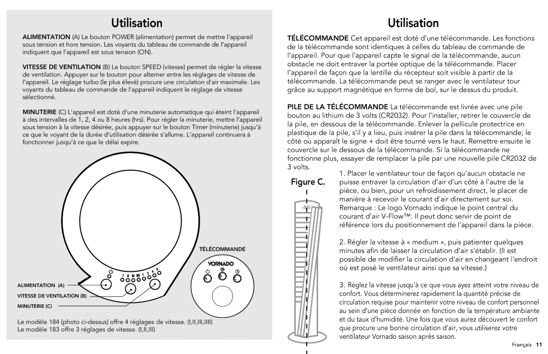 Vornado 184 manual Utilisation, Manière à recevoir le courant dair directement sur soi 