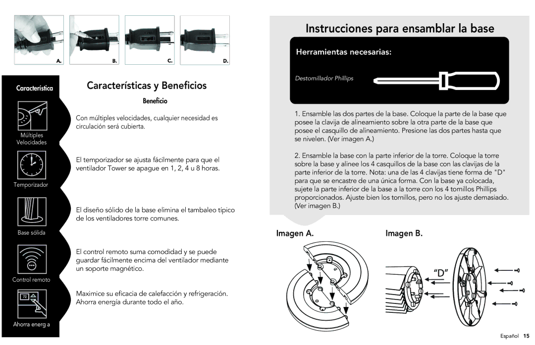 Vornado 184 manual Instrucciones para ensamblar la base, Características y Beneficios 