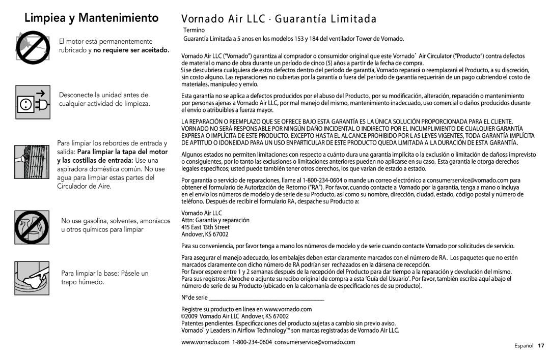 Vornado 184 manual Limpiea y Mantenimiento, Para limpiar la base Pásele un trapo húmedo 