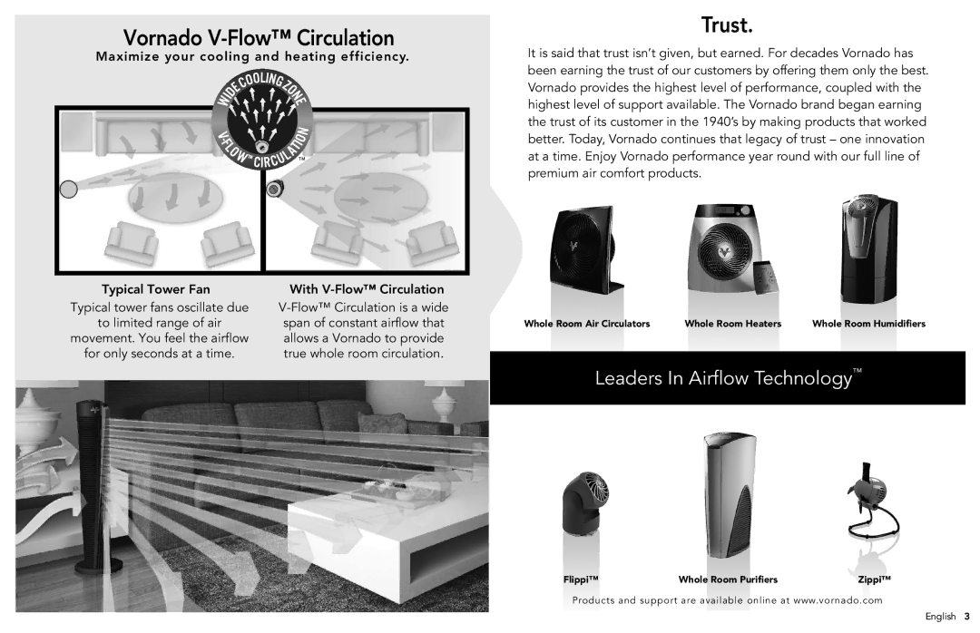 Vornado 184 manual Vornado V-Flow Circulation, Trust, Maximize your cooling and heating efficiency 