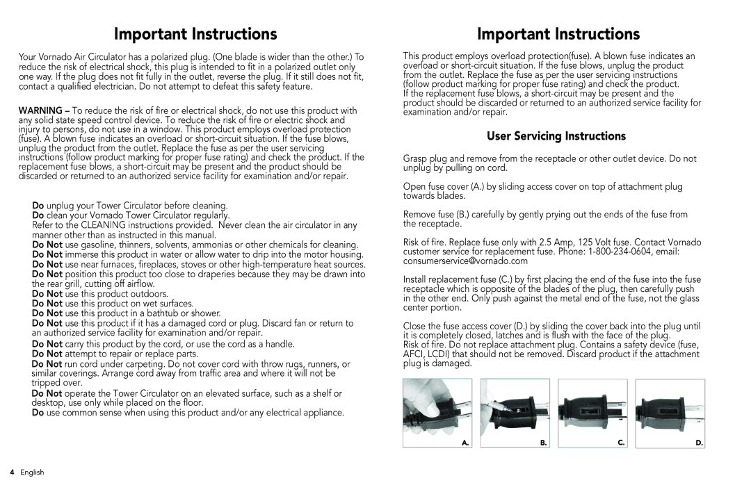 Vornado 184 manual Important Instructions 