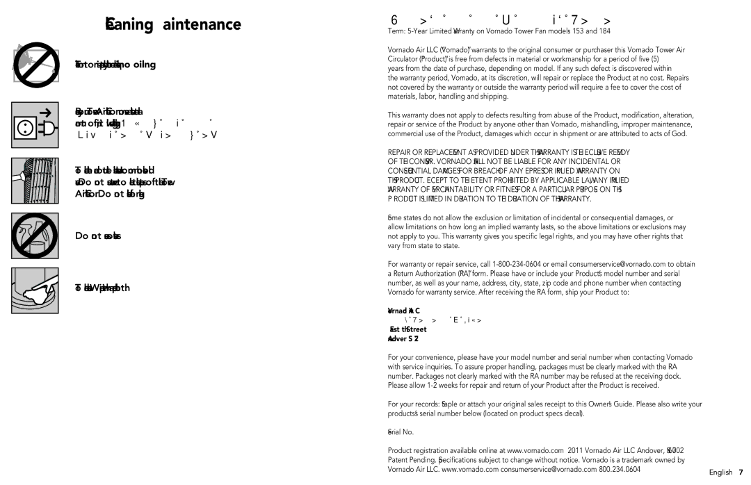 Vornado 184 manual Cleaning & Maintenance, Vornado Air LLC Limited Warranty 