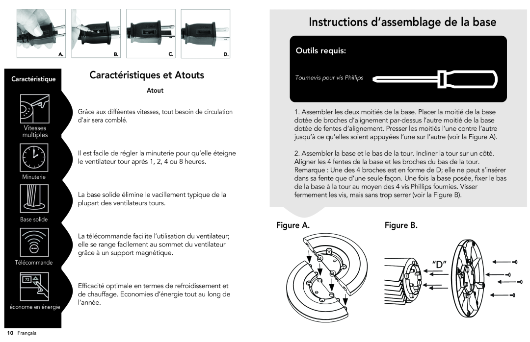 Vornado 184 manual Instructions d’assemblage de la base, Caractéristiques et Atouts, Outils requis, Figure A, Figure B 