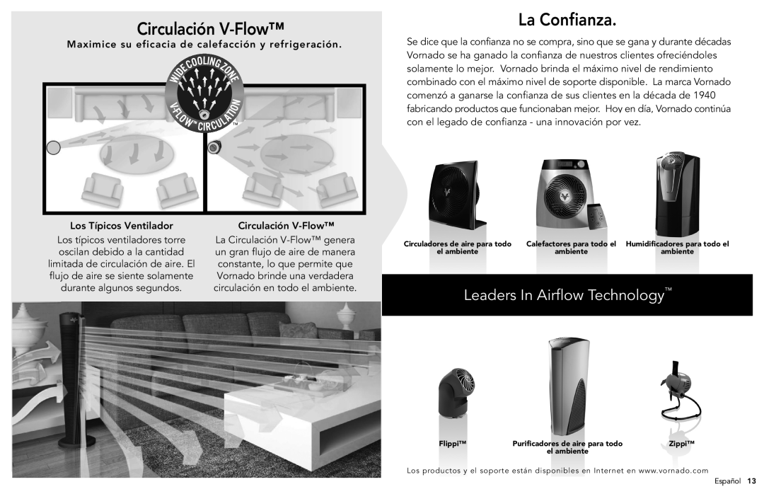 Vornado 184 manual Circulación V-Flow, La Confianza, Leaders In Airflow Technology, Los típicos ventiladores torre 