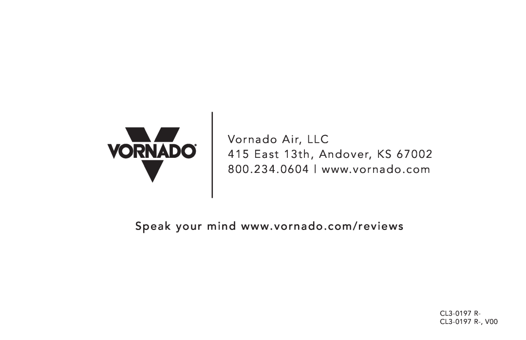 Vornado 184 manual Vornado Air, LLC, CL3-0197R CL3-0197 R-,V00 