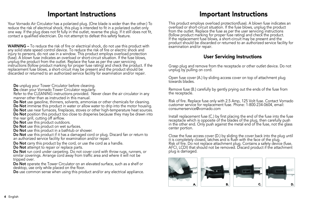 Vornado 184 manual Important Instructions, User Servicing Instructions 