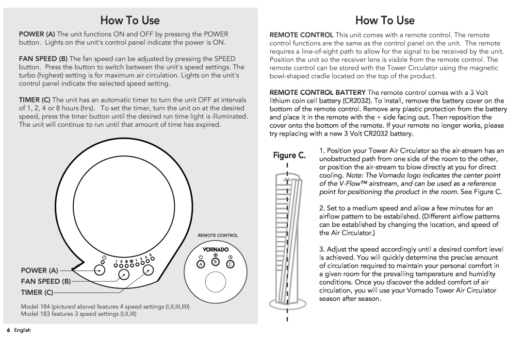 Vornado 184 manual How To Use, Figure C 