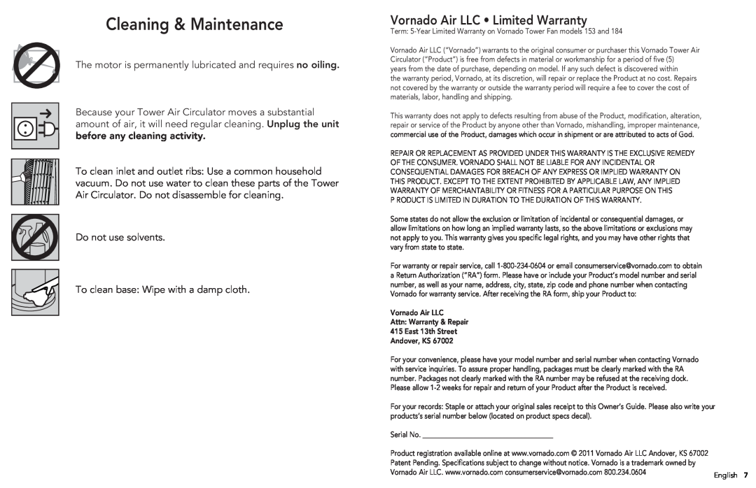 Vornado 184 manual Cleaning & Maintenance, Vornado Air LLC Limited Warranty 