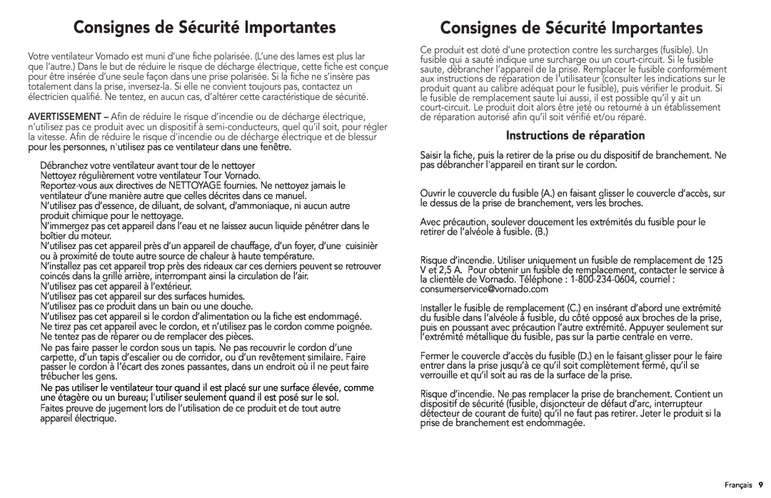 Vornado 184 manual Consignes de Sécurité Importantes, Instructions de réparation 