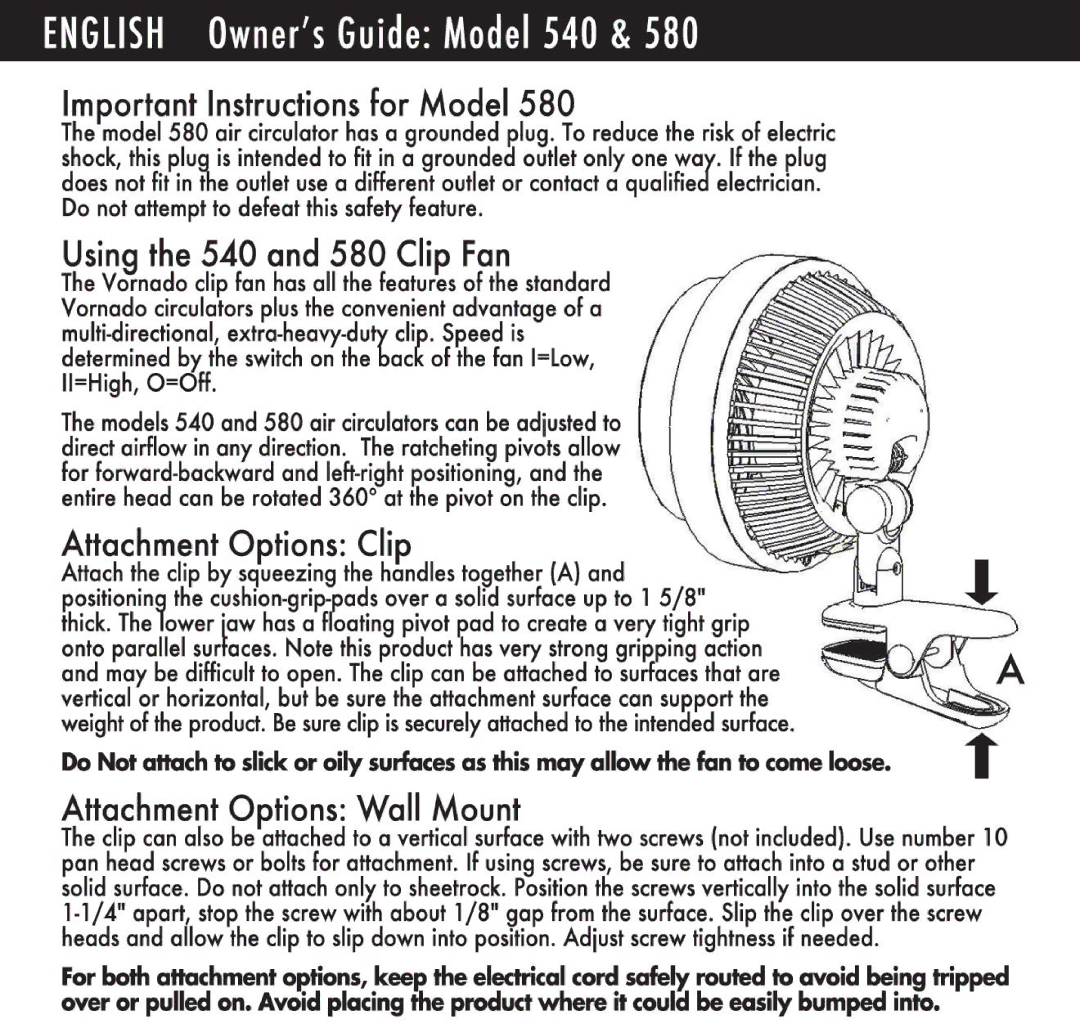 Vornado 580, 540 manual 