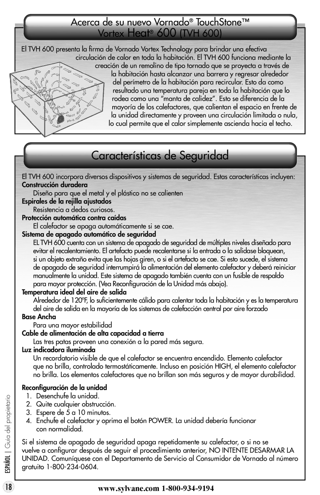 Vornado manual Características de Seguridad, Acerca de su nuevo Vornado TouchStone Vortex Heat 600 TVH 