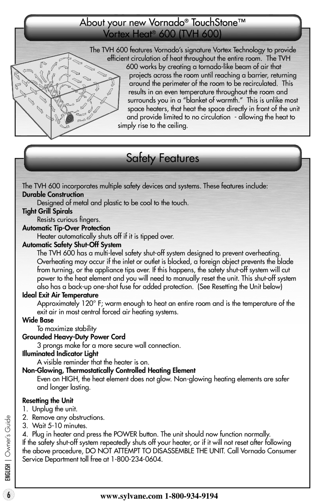 Vornado manual Safety Features, About your new Vornado TouchStone Vortex Heat 600 TVH, Simply rise to the ceiling 