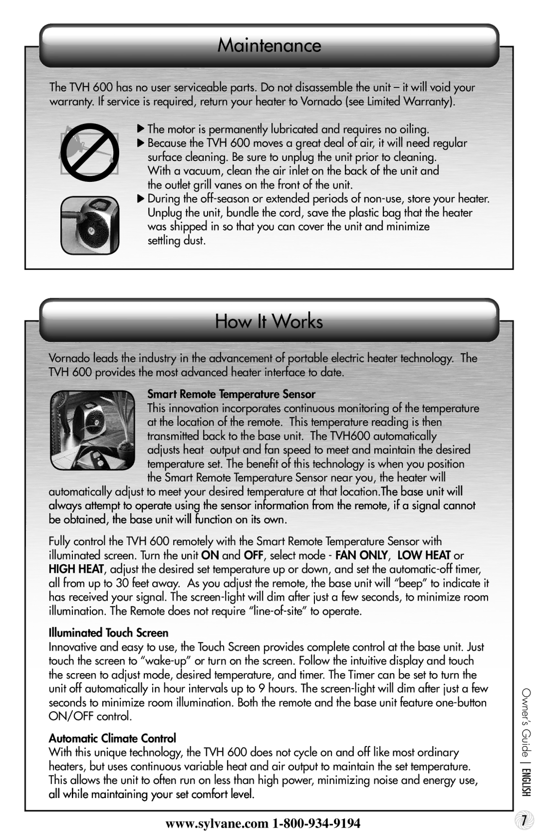 Vornado 600 manual Maintenance, How It Works, Motor is permanently lubricated and requires no oiling 