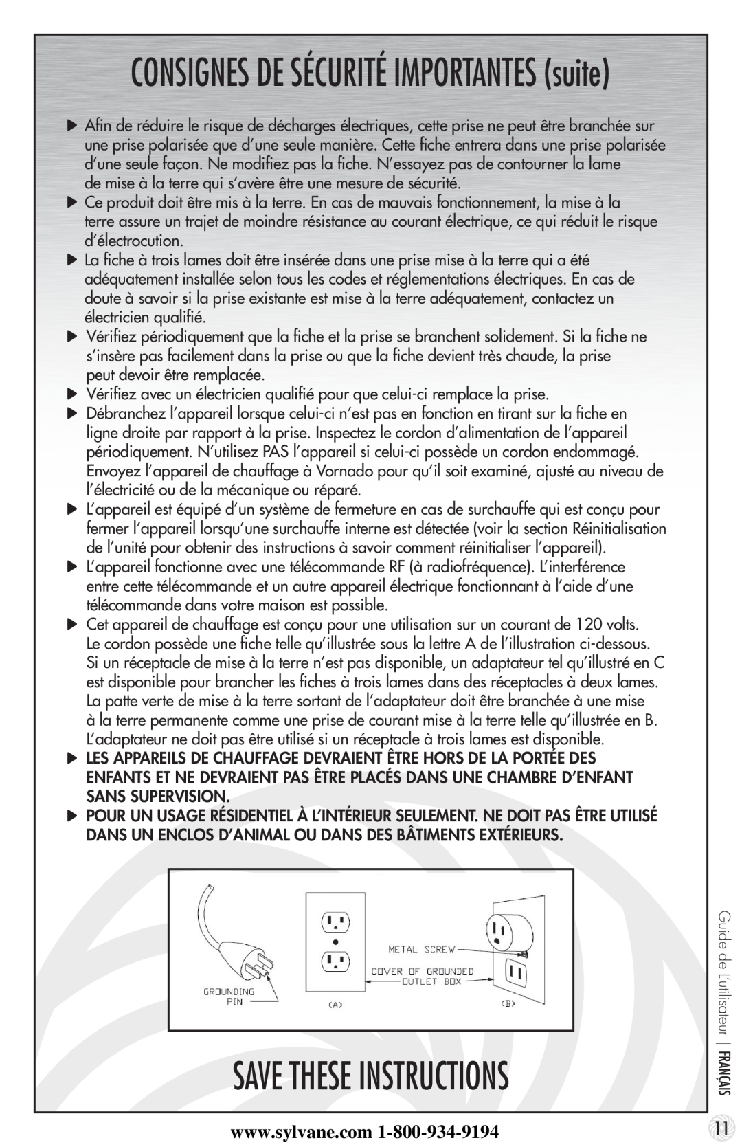 Vornado 600 manual CONSIGNES DE SÉCURITÉ IMPORTANTES suite, Save These Instructions 