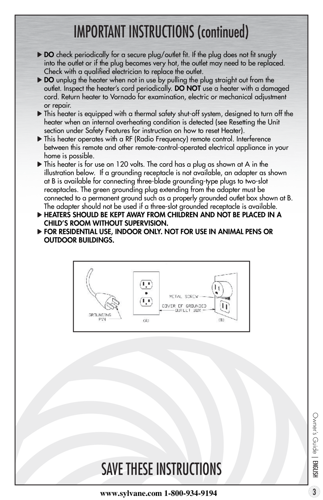Vornado 600 manual Save These Instructions, IMPORTANT INSTRUCTIONS continued 