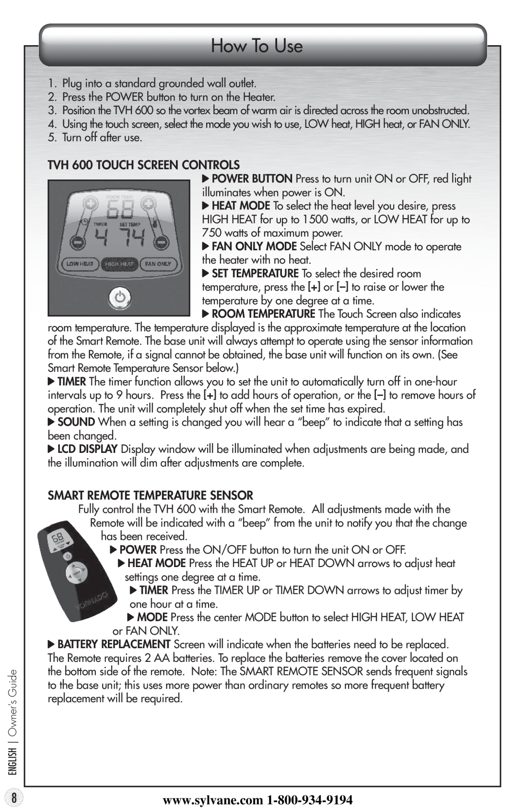 Vornado manual How To Use, TVH 600 TOUCH SCREEN CONTROLS, Smart Remote Temperature Sensor 