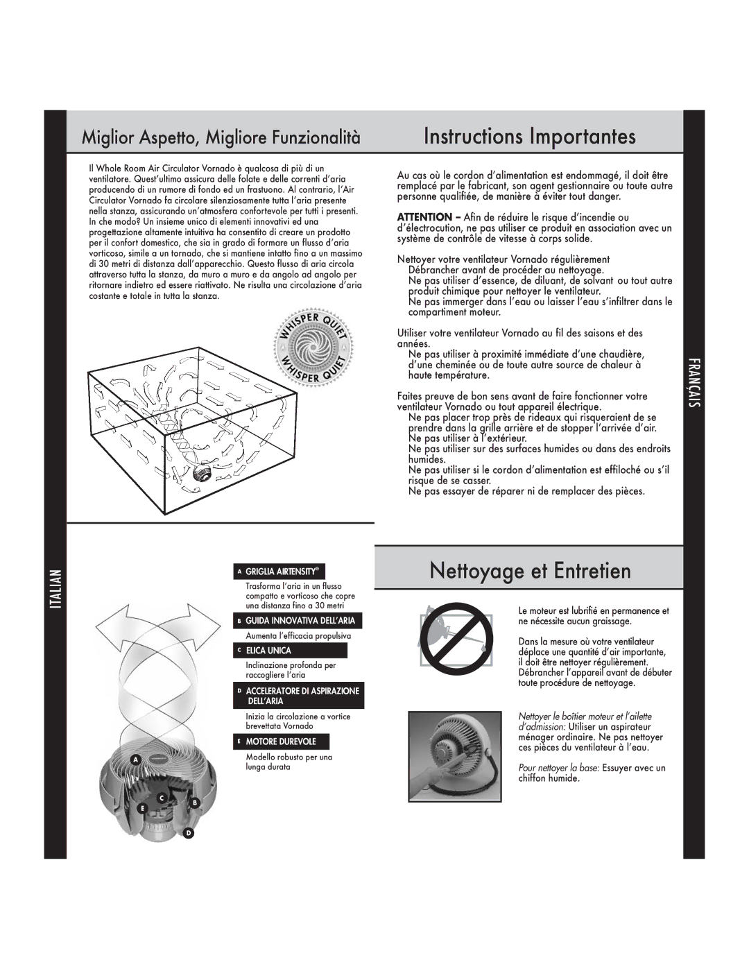 Vornado 620 manual do utilizador Instructions Importantes, Nettoyage et Entretien, English Deutsch Français Fnederlands 