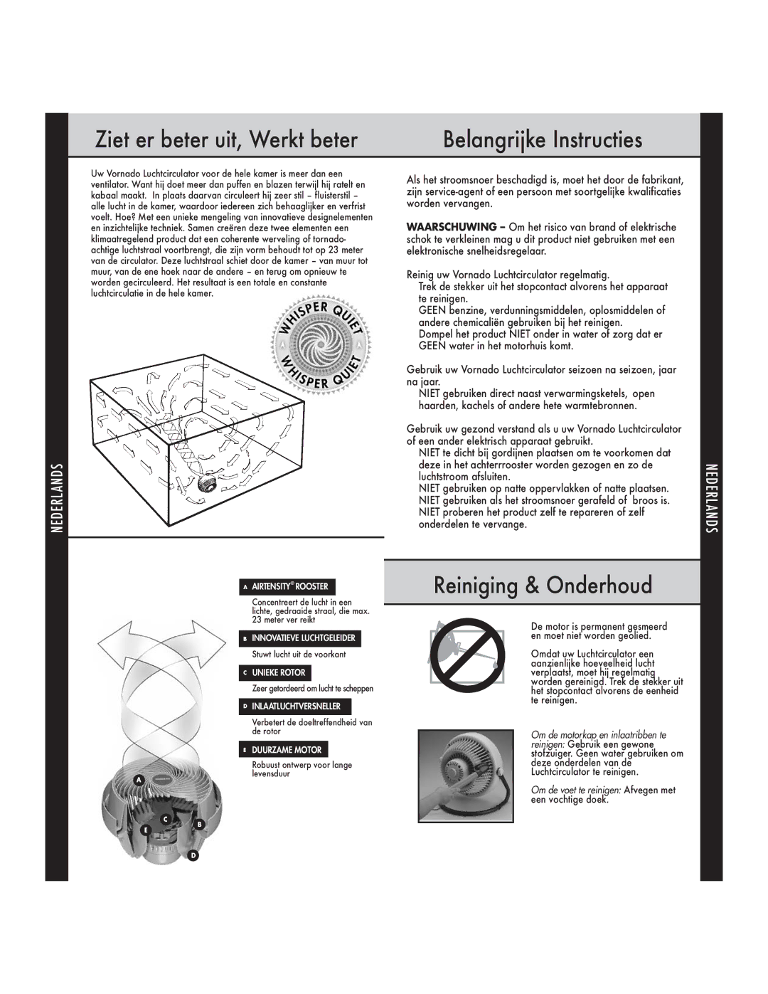 Vornado 620 Ziet er beter uit, Werkt beter Belangrijke Instructies, Reiniging & Onderhoud, English Deutsch 