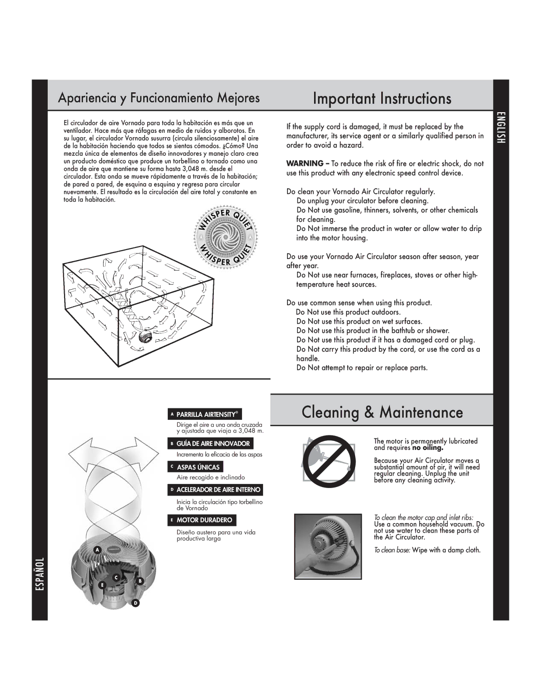 Vornado 620 manual do utilizador Important Instructions, Cleaning & Maintenance 