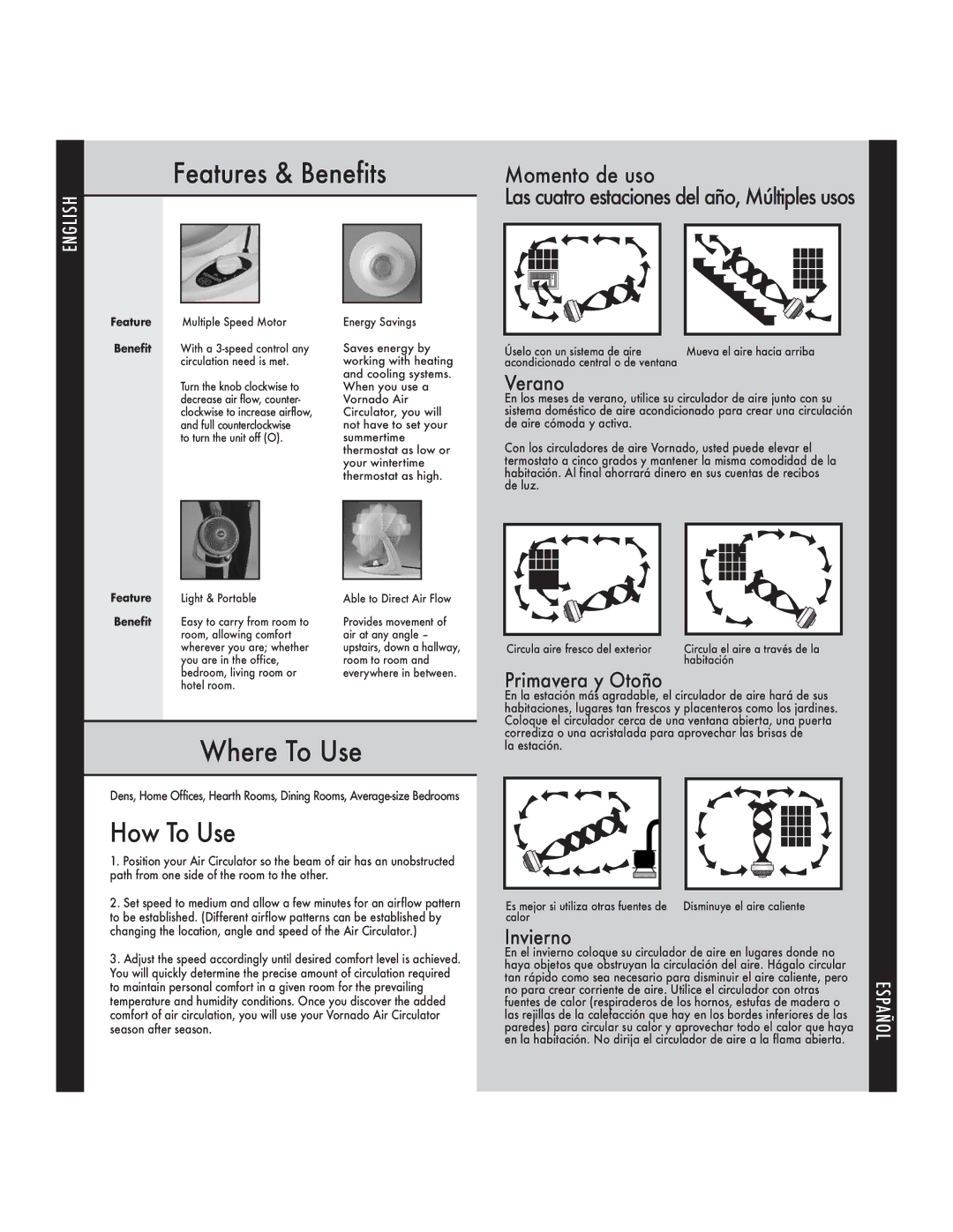 Vornado 620 manual do utilizador Features & Benefits, Where To Use, How To Use, Momento de uso 