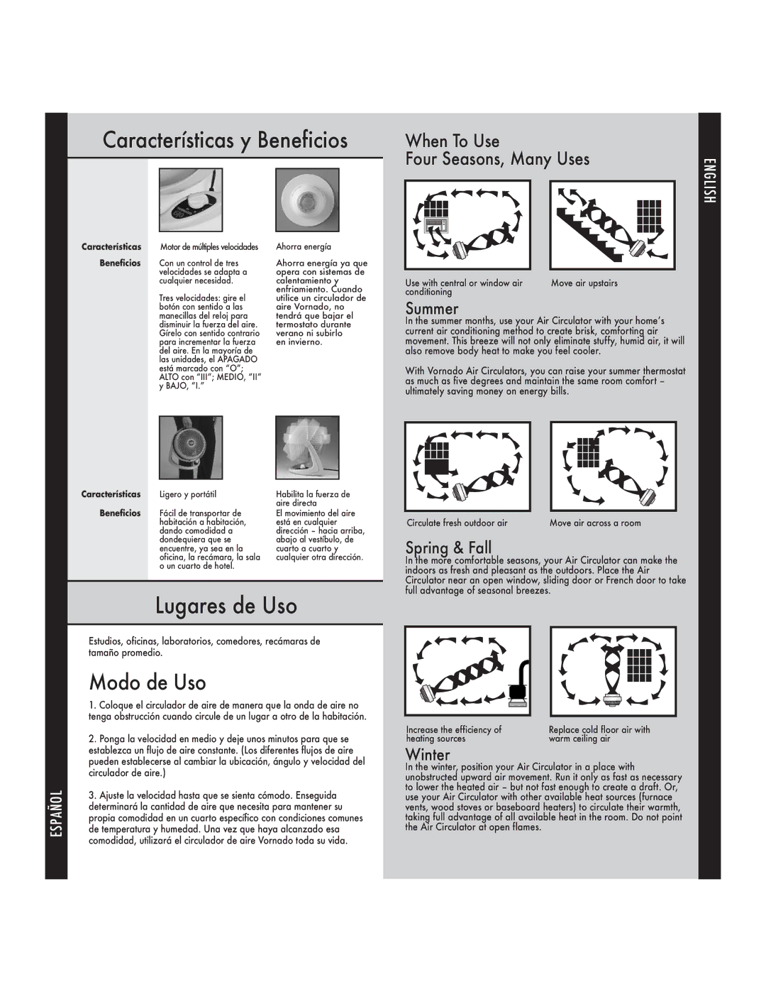 Vornado 620 Características y Beneficios, Lugares de Uso, Modo de Uso, When To Use Four Seasons, Many Uses 