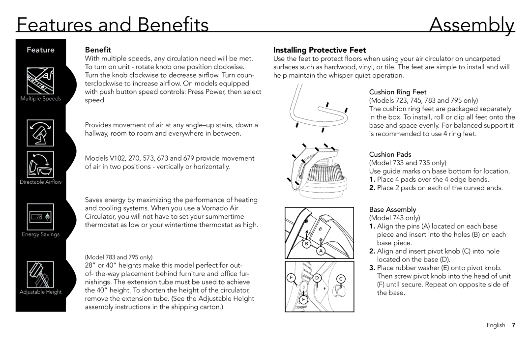 Vornado 530L, 630B manual Features and Benefits, Installing Protective Feet 