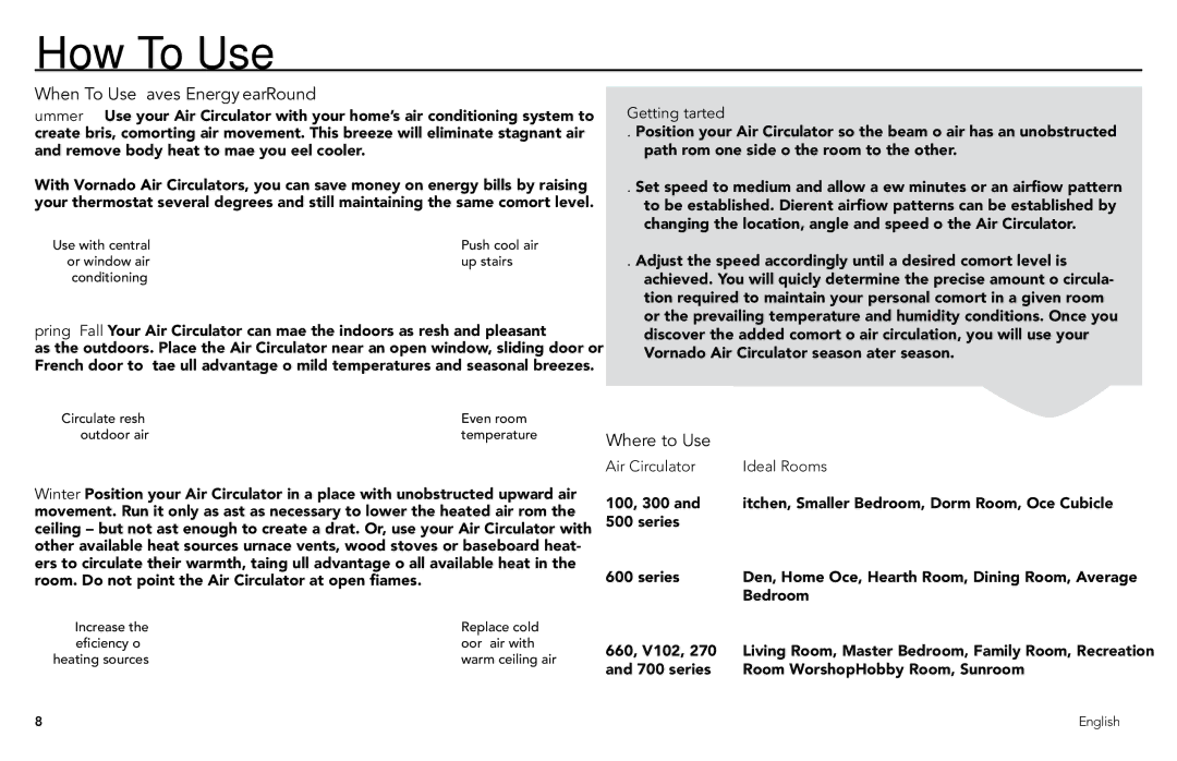 Vornado 630B, 530L manual How To Use, When To Use Saves Energy Year-Round, Where to Use 