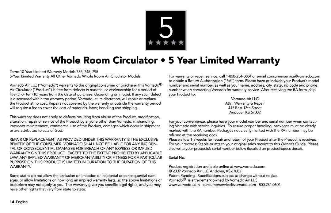 Vornado 630B, 530L manual Whole Room Circulator 5 Year Limited Warranty 