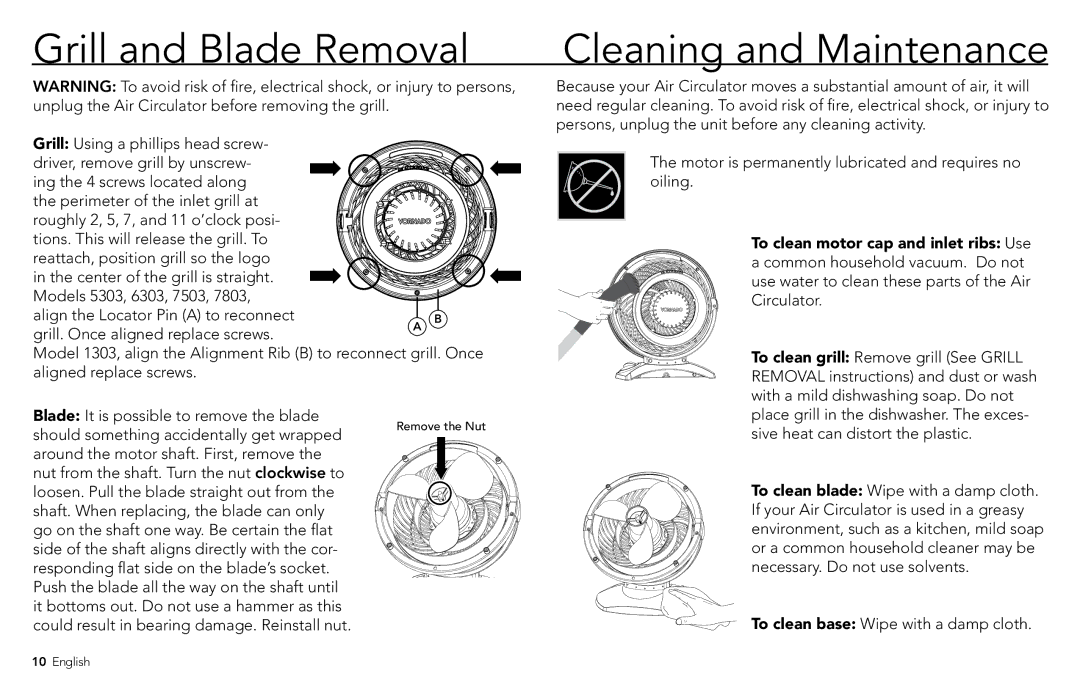 Vornado 7803, 7503, 1303, 6303, 5303 manual Grill and Blade Removal, Cleaning and Maintenance 