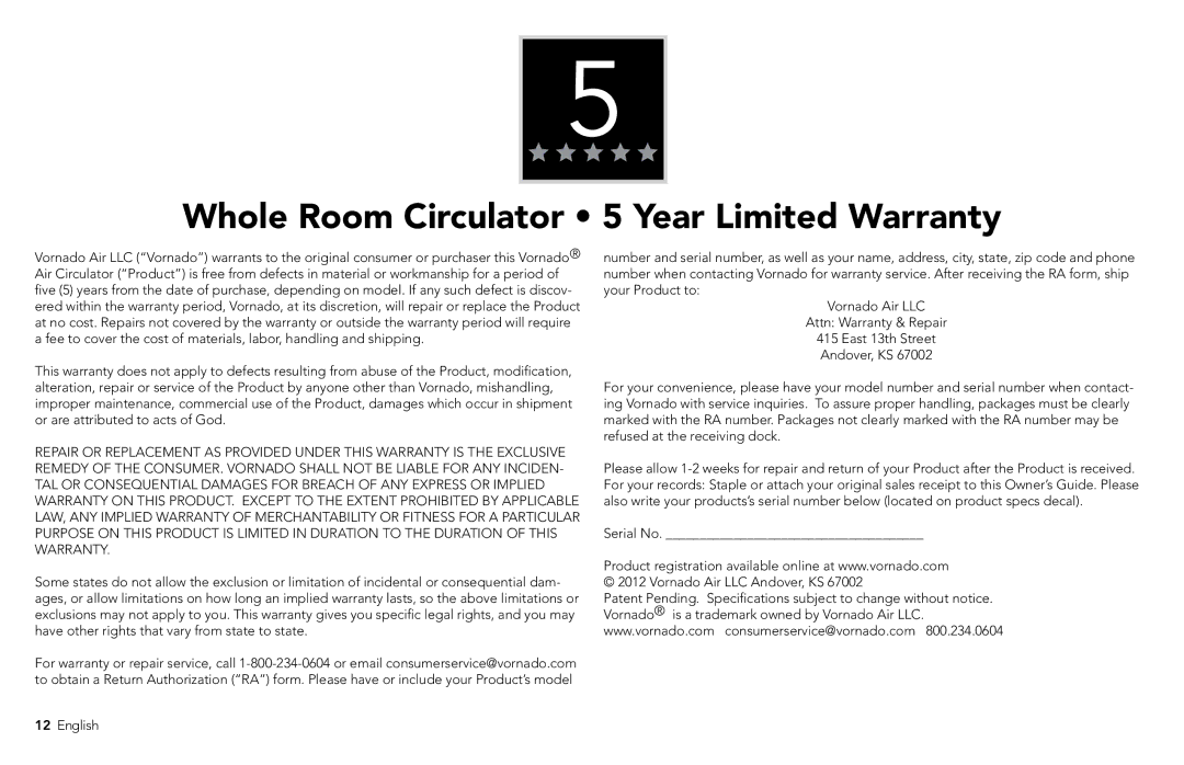 Vornado 1303, 7803, 7503, 6303, 5303 manual Whole Room Circulator 5 Year Limited Warranty 