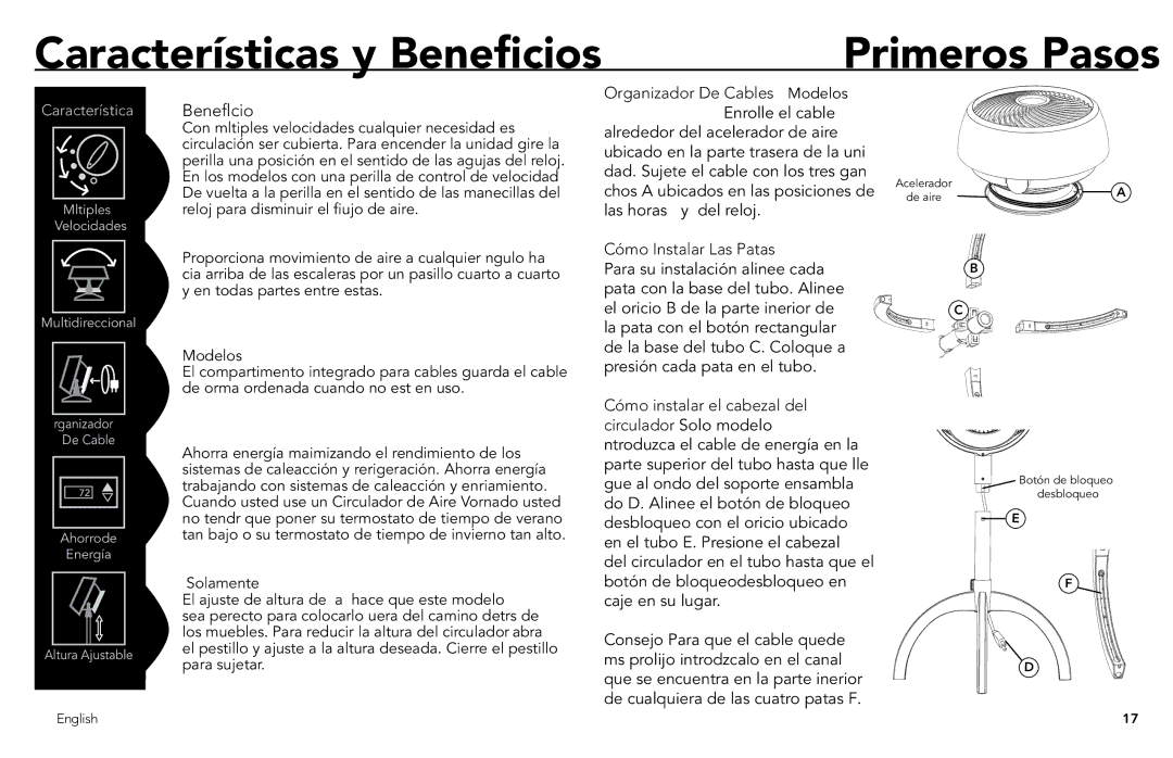 Vornado 1303, 7803, 7503, 6303, 5303 manual Características y Beneficios Primeros Pasos 