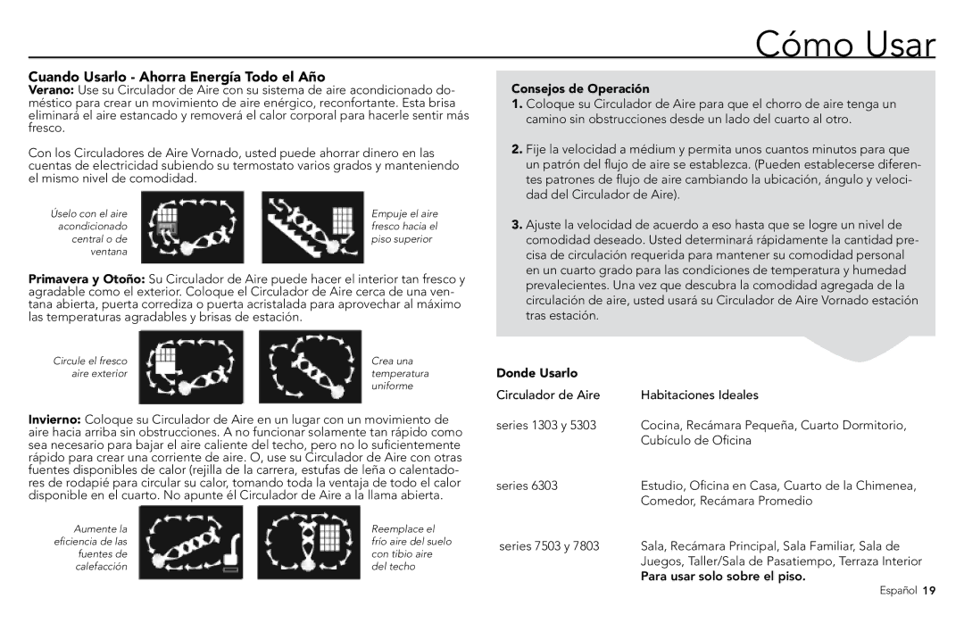 Vornado 5303, 7803, 7503, 1303, 6303 manual Cómo Usar, Cuando Usarlo Ahorra Energía Todo el Año 