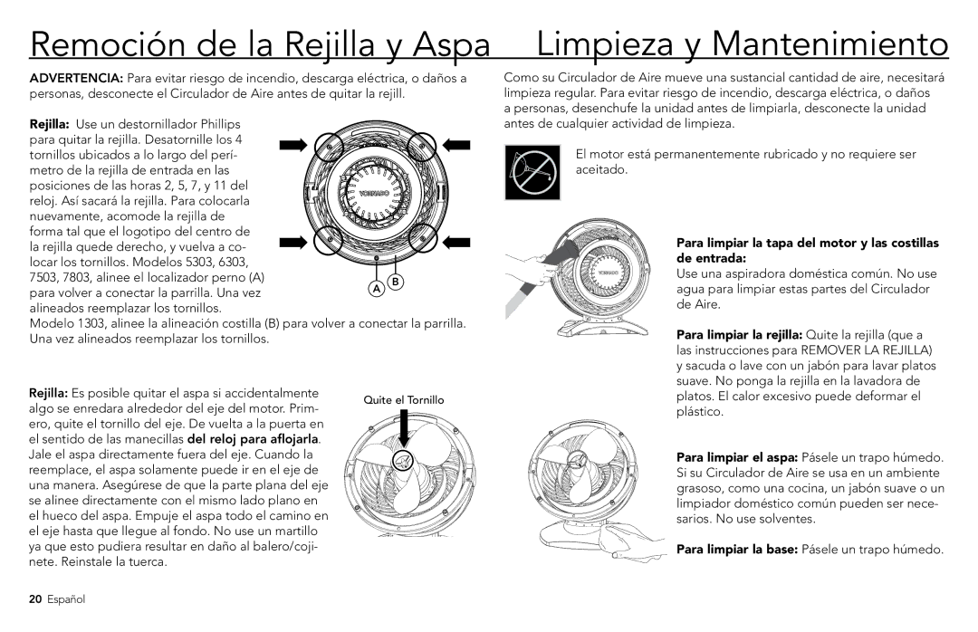 Vornado 7803, 7503, 1303, 6303, 5303 manual Remoción de la Rejilla y Aspa Limpieza y Mantenimiento 