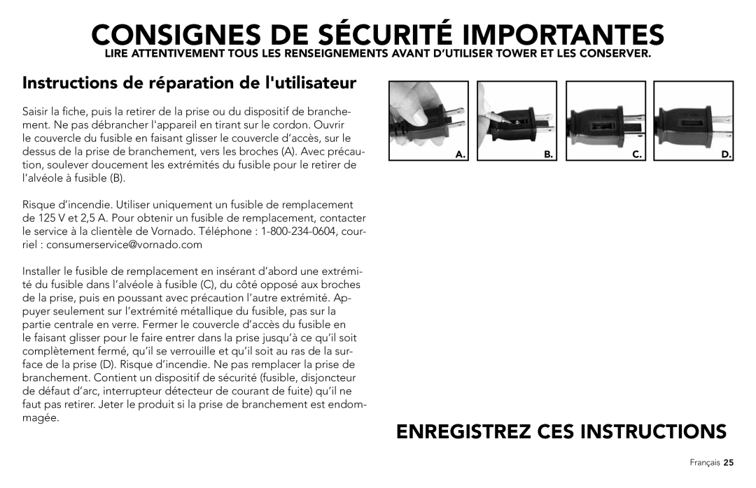 Vornado 7803, 7503, 1303, 6303, 5303 manual Enregistrez CES Instructions 