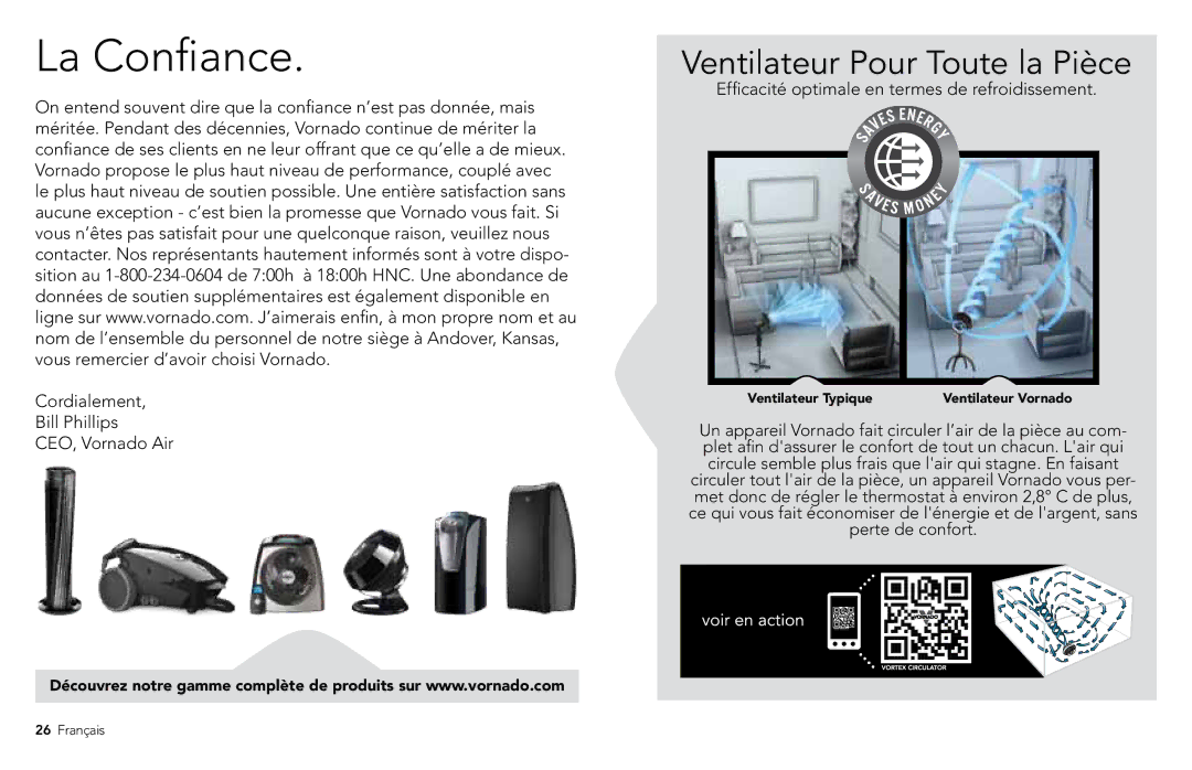 Vornado 7503, 7803, 1303, 6303, 5303 manual La Confiance, Ventilateur Pour Toute la Pièce 