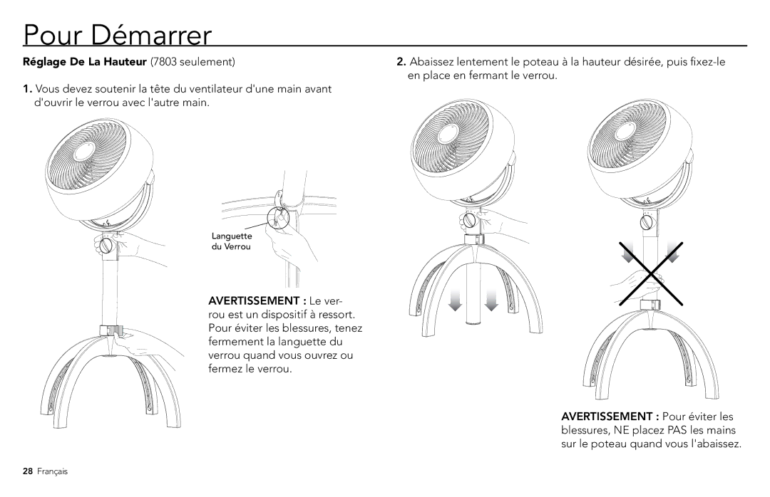 Vornado 6303, 7503, 1303, 5303 manual Réglage De La Hauteur 7803 seulement 