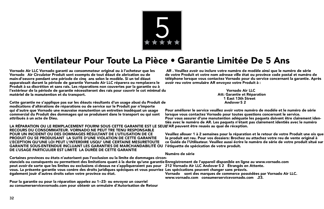 Vornado 1303, 7803, 7503, 6303, 5303 manual Ventilateur Pour Toute La Pièce Garantie Limitée De 5 Ans 