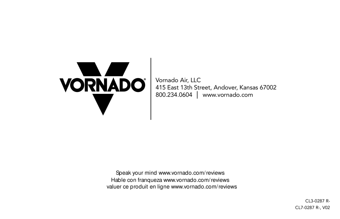 Vornado 7503, 7803, 1303, 6303, 5303 manual Vornado Air, LLC 