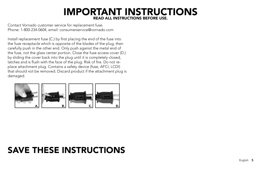 Vornado 7803, 7503, 1303, 6303, 5303 manual Important Instructions 