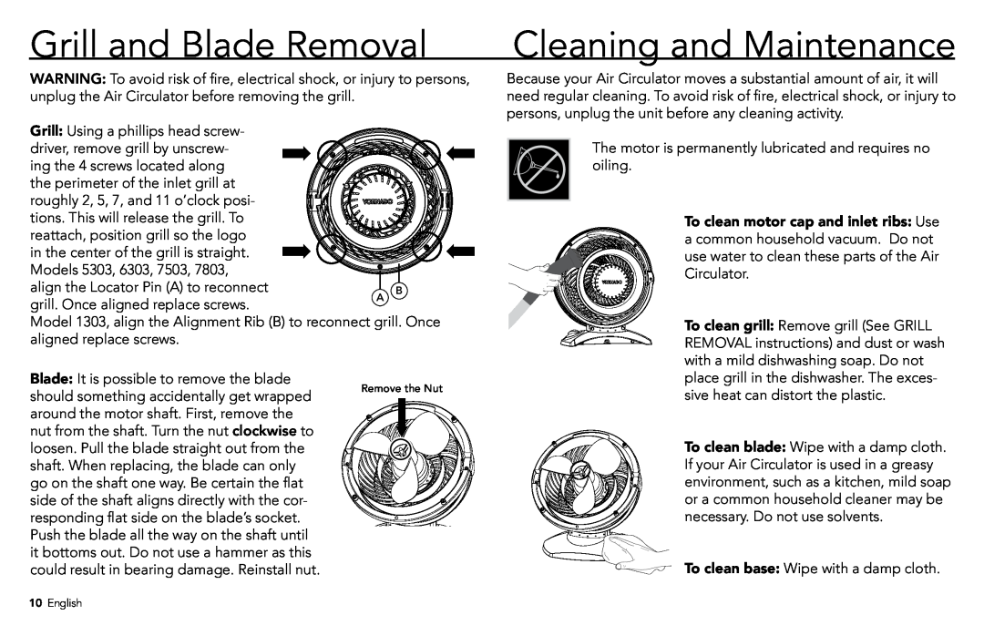 Vornado 7803, 7503, 1303, 6303, 5303 manual Grill and Blade Removal, Cleaning and Maintenance 