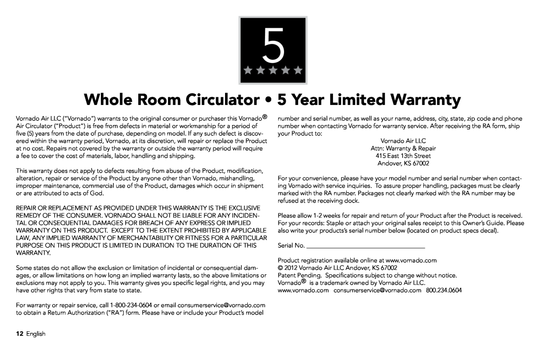Vornado 1303, 7803, 7503, 6303, 5303 manual Whole Room Circulator 5 Year Limited Warranty 