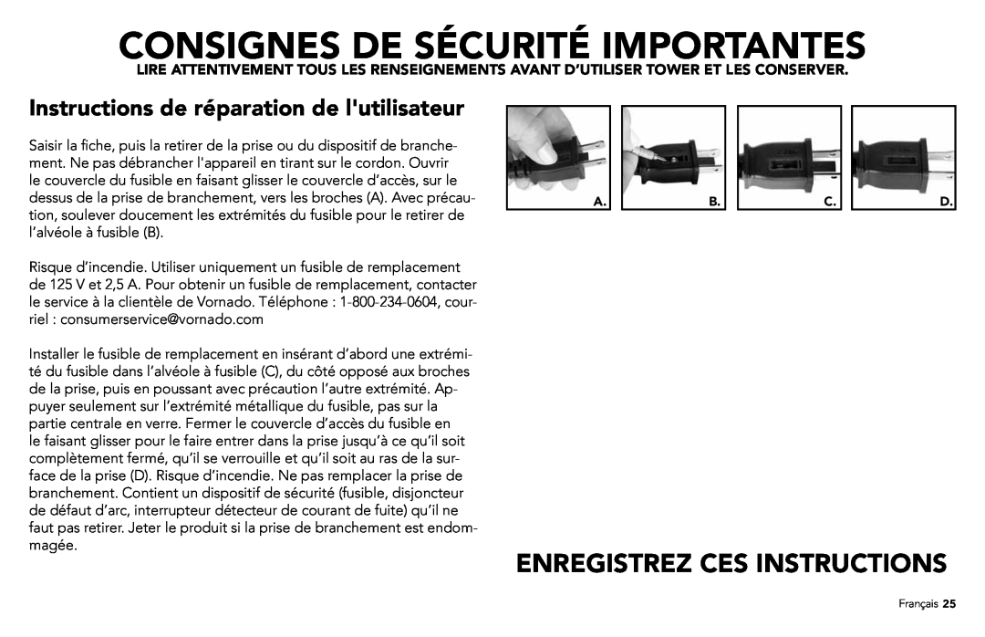Vornado 7803 Consignes De Sécurité Importantes, Enregistrez Ces Instructions, Instructions de réparation de lutilisateur 
